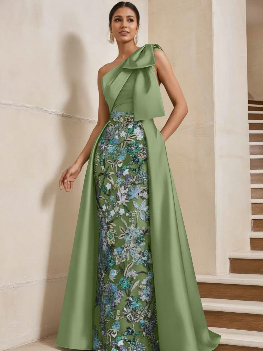 Sheath Column One Shoulder Satin Mother Of The Bride Dresses With Overskirt Sleeveless Floral Floor Length Bow