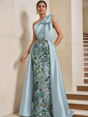 Sheath Column One Shoulder Satin Mother Of The Bride Dresses With Overskirt Sleeveless Floral Floor Length Bow