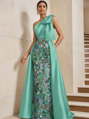 Sheath Column One Shoulder Satin Mother Of The Bride Dresses With Overskirt Sleeveless Floral Floor Length Bow