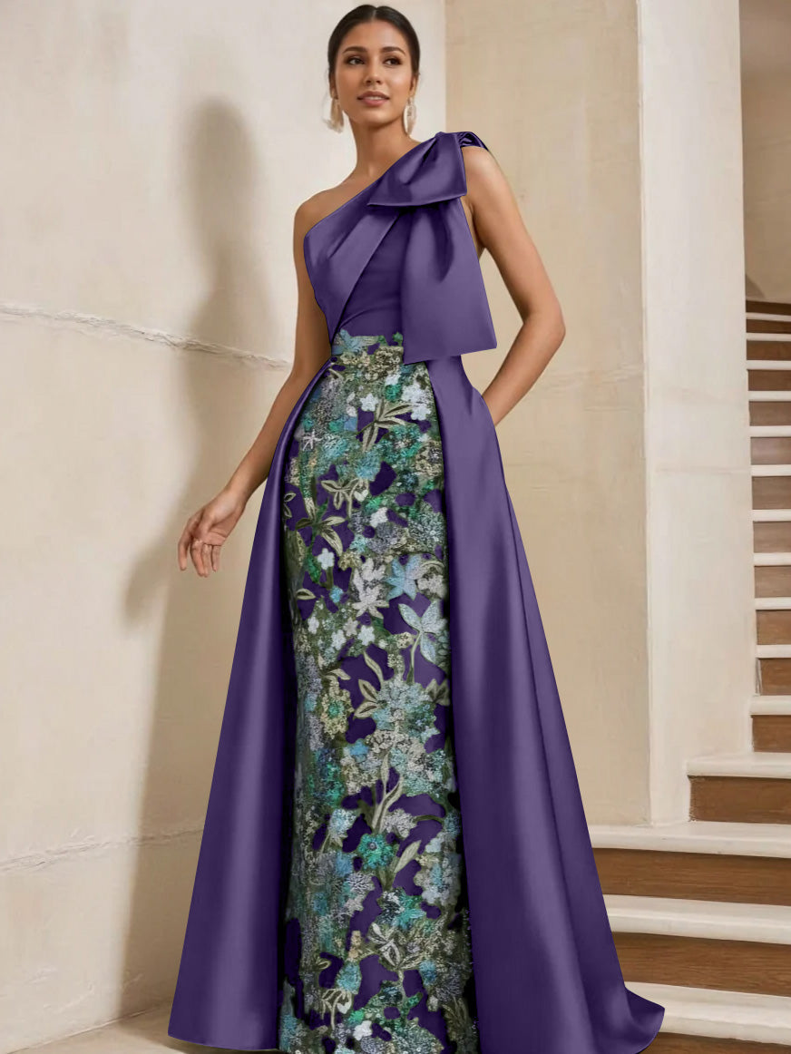 Sheath Column One Shoulder Satin Mother Of The Bride Dresses With Overskirt Sleeveless Floral Floor Length Bow