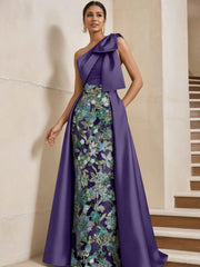 Sheath Column One Shoulder Satin Mother Of The Bride Dresses With Overskirt Sleeveless Floral Floor Length Bow