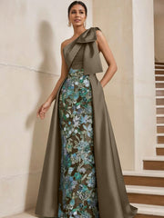 Sheath/Column One-Shoulder Satin Mother of the Bride Dresses with Overskirt Sleeveless Floral Floor-Length Bow