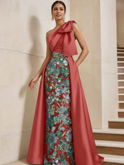 Sheath/Column One-Shoulder Satin Mother of the Bride Dresses with Overskirt Sleeveless Floral Floor-Length Bow