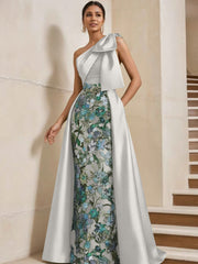 Sheath/Column One-Shoulder Satin Mother of the Bride Dresses with Overskirt Sleeveless Floral Floor-Length Bow