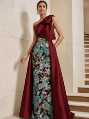 Sheath Column One Shoulder Satin Mother Of The Bride Dresses With Overskirt Sleeveless Floral Floor Length Bow