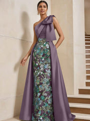 Sheath Column One Shoulder Satin Mother Of The Bride Dresses With Overskirt Sleeveless Floral Floor Length Bow