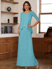 Sheath Column Scoop Chiffon Mother Of The Bride Dresses Ankle Length Half Sleeves Sequins Ruched