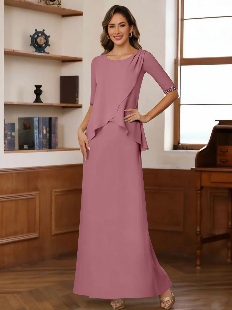 Sheath Column Scoop Chiffon Mother Of The Bride Dresses Ankle Length Half Sleeves Sequins Ruched