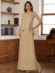 Sheath Column Scoop Chiffon Mother Of The Bride Dresses Ankle Length Half Sleeves Sequins Ruched
