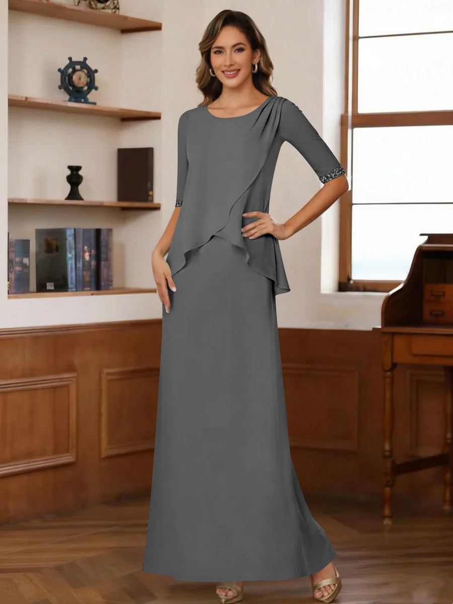 Sheath Column Scoop Chiffon Mother Of The Bride Dresses Ankle Length Half Sleeves Sequins Ruched