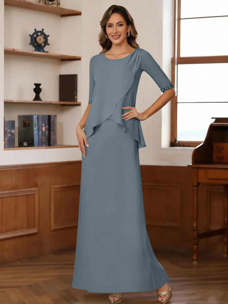 Sheath Column Scoop Chiffon Mother Of The Bride Dresses Ankle Length Half Sleeves Sequins Ruched