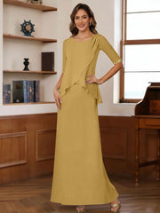 Sheath Column Scoop Chiffon Mother Of The Bride Dresses Ankle Length Half Sleeves Sequins Ruched