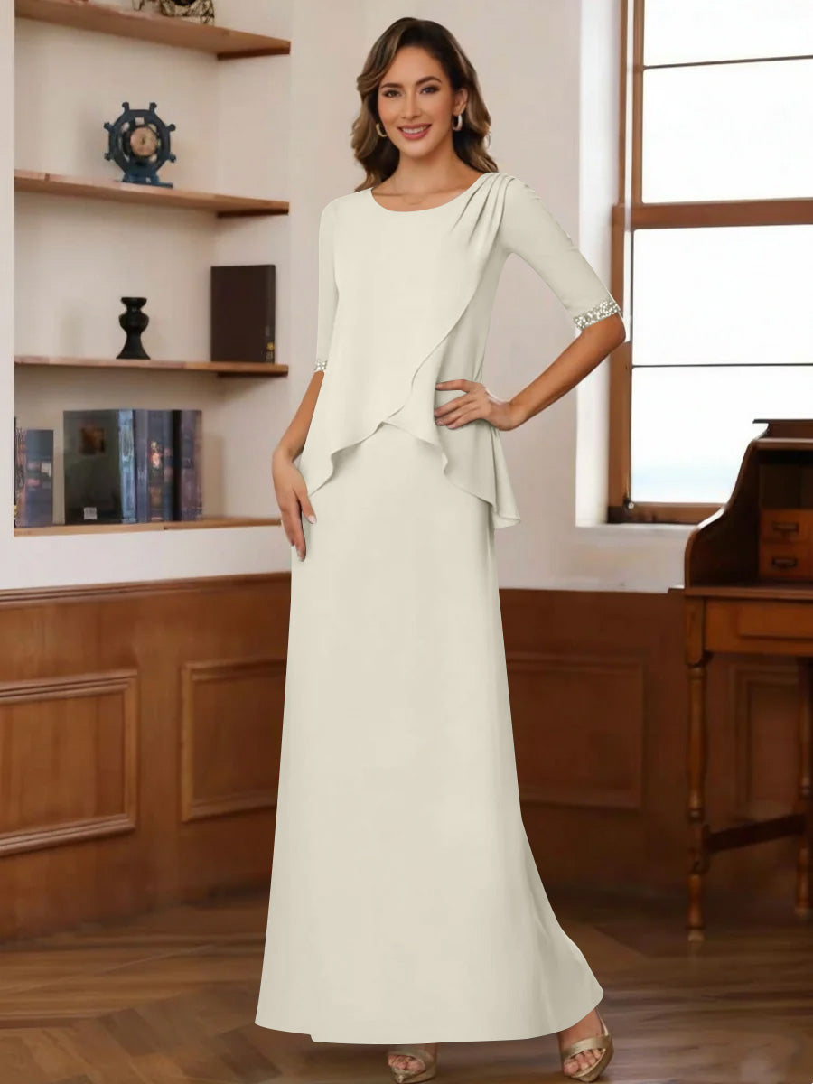 Sheath Column Scoop Chiffon Mother Of The Bride Dresses Ankle Length Half Sleeves Sequins Ruched
