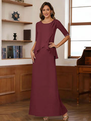 Sheath Column Scoop Chiffon Mother Of The Bride Dresses Ankle Length Half Sleeves Sequins Ruched