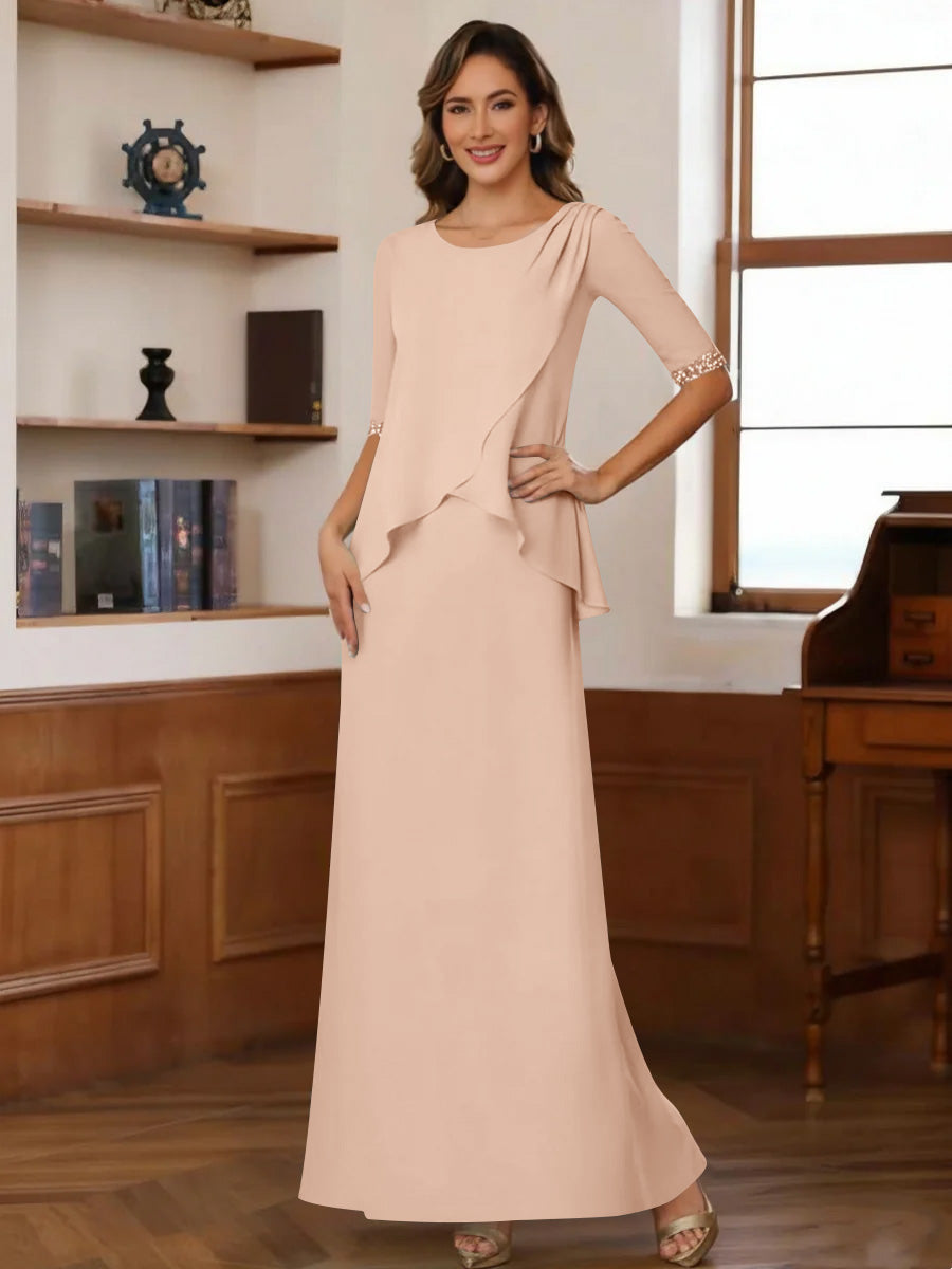Sheath Column Scoop Chiffon Mother Of The Bride Dresses Ankle Length Half Sleeves Sequins Ruched