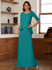 Sheath Column Scoop Chiffon Mother Of The Bride Dresses Ankle Length Half Sleeves Sequins Ruched
