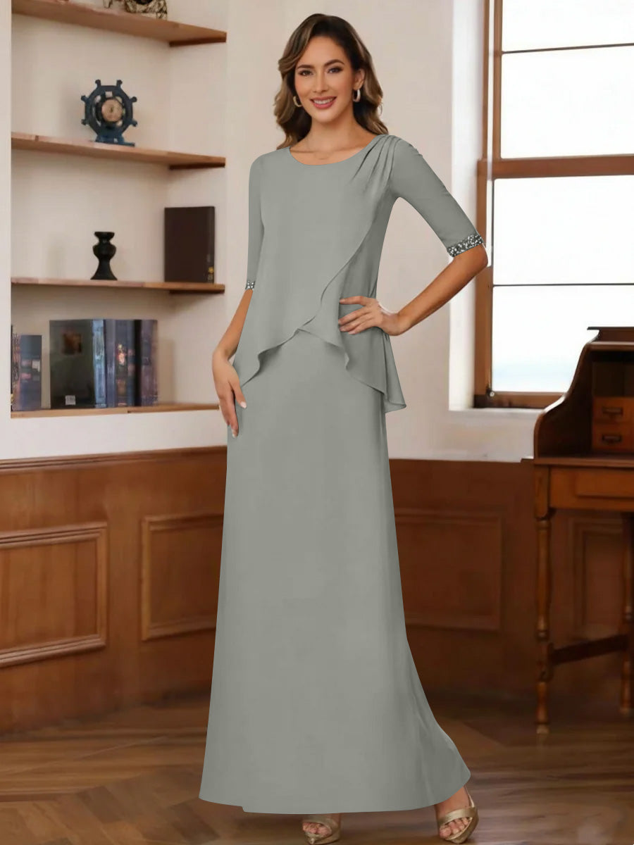 Sheath Column Scoop Chiffon Mother Of The Bride Dresses Ankle Length Half Sleeves Sequins Ruched
