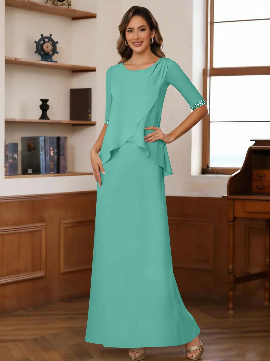 Sheath Column Scoop Chiffon Mother Of The Bride Dresses Ankle Length Half Sleeves Sequins Ruched
