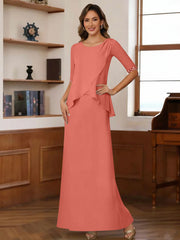Sheath Column Scoop Chiffon Mother Of The Bride Dresses Ankle Length Half Sleeves Sequins Ruched