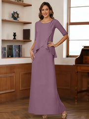 Sheath/Column Scoop Chiffon Mother of the Bride Dresses Ankle-Length Half Sleeves Sequins Ruched
