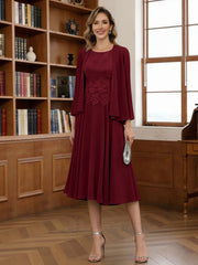 A Line Princess Scoop Chiffon Mother Of The Bride Dresses With Jacket Tea Length Long Sleeves Lace