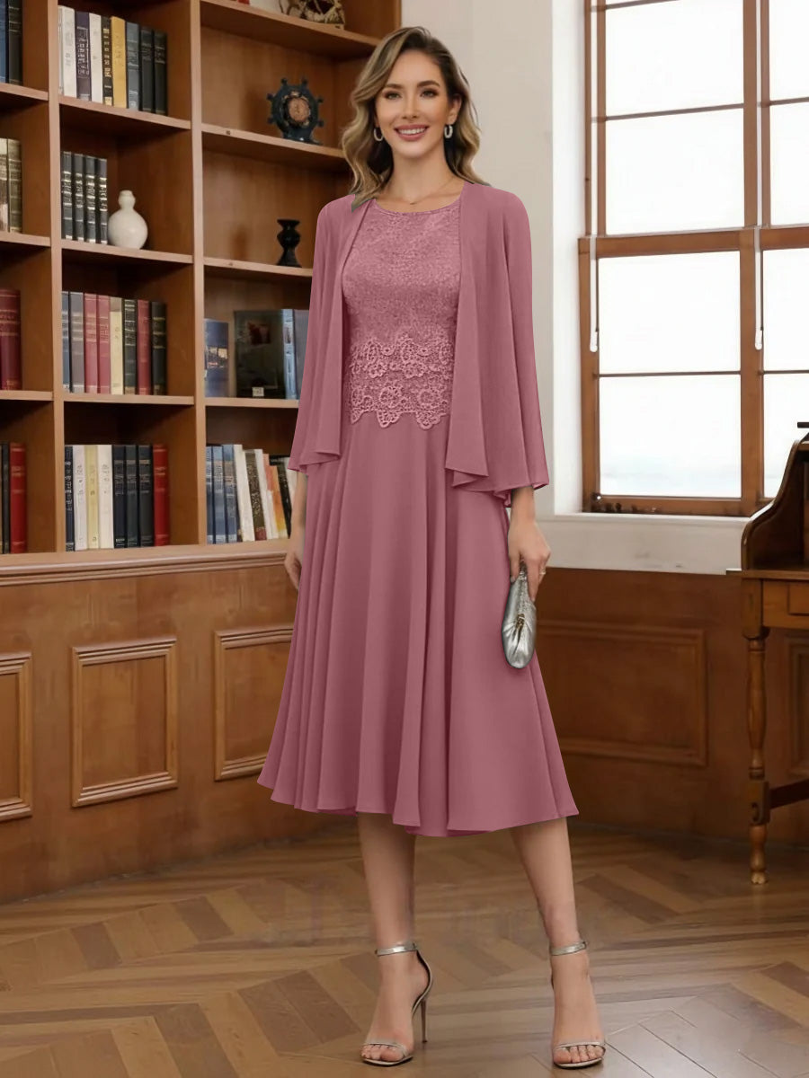 A Line Princess Scoop Chiffon Mother Of The Bride Dresses With Jacket Tea Length Long Sleeves Lace