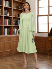 A Line Princess Scoop Chiffon Mother Of The Bride Dresses With Jacket Tea Length Long Sleeves Lace