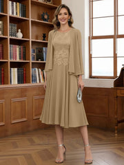 A Line Princess Scoop Chiffon Mother Of The Bride Dresses With Jacket Tea Length Long Sleeves Lace
