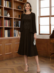 A-Line/Princess Scoop Chiffon Mother of the Bride Dresses with Jacket Tea-Length Long Sleeves Lace