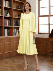 A Line Princess Scoop Chiffon Mother Of The Bride Dresses With Jacket Tea Length Long Sleeves Lace