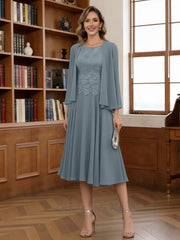 A Line Princess Scoop Chiffon Mother Of The Bride Dresses With Jacket Tea Length Long Sleeves Lace