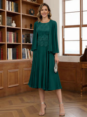 A Line Princess Scoop Chiffon Mother Of The Bride Dresses With Jacket Tea Length Long Sleeves Lace