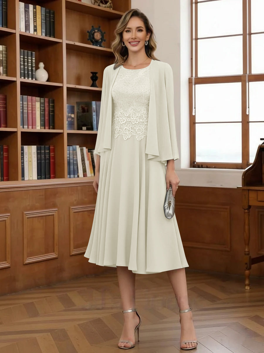 A Line Princess Scoop Chiffon Mother Of The Bride Dresses With Jacket Tea Length Long Sleeves Lace