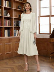 A Line Princess Scoop Chiffon Mother Of The Bride Dresses With Jacket Tea Length Long Sleeves Lace