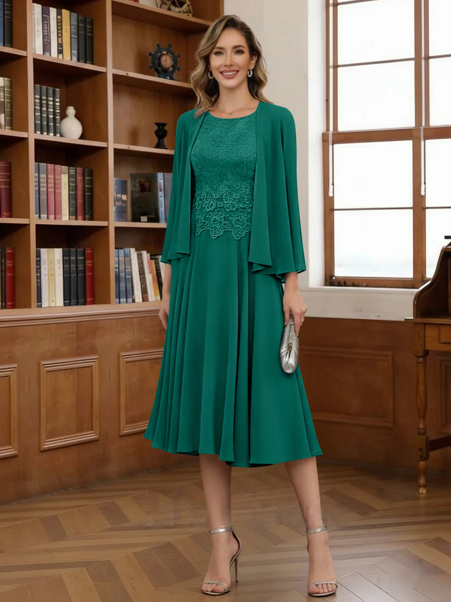 A Line Princess Scoop Chiffon Mother Of The Bride Dresses With Jacket Tea Length Long Sleeves Lace