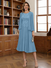 A Line Princess Scoop Chiffon Mother Of The Bride Dresses With Jacket Tea Length Long Sleeves Lace