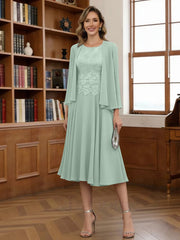 A-Line/Princess Scoop Chiffon Mother of the Bride Dresses with Jacket Tea-Length Long Sleeves Lace
