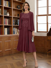 A Line Princess Scoop Chiffon Mother Of The Bride Dresses With Jacket Tea Length Long Sleeves Lace