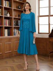 A Line Princess Scoop Chiffon Mother Of The Bride Dresses With Jacket Tea Length Long Sleeves Lace