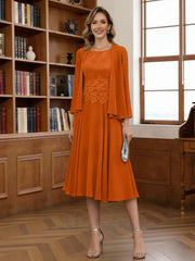 A Line Princess Scoop Chiffon Mother Of The Bride Dresses With Jacket Tea Length Long Sleeves Lace