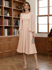 A Line Princess Scoop Chiffon Mother Of The Bride Dresses With Jacket Tea Length Long Sleeves Lace