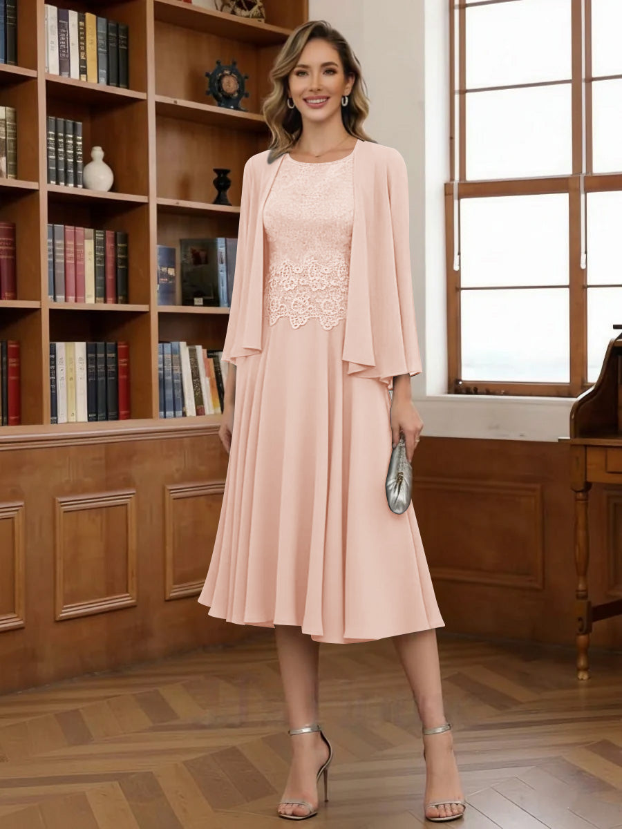 A Line Princess Scoop Chiffon Mother Of The Bride Dresses With Jacket Tea Length Long Sleeves Lace