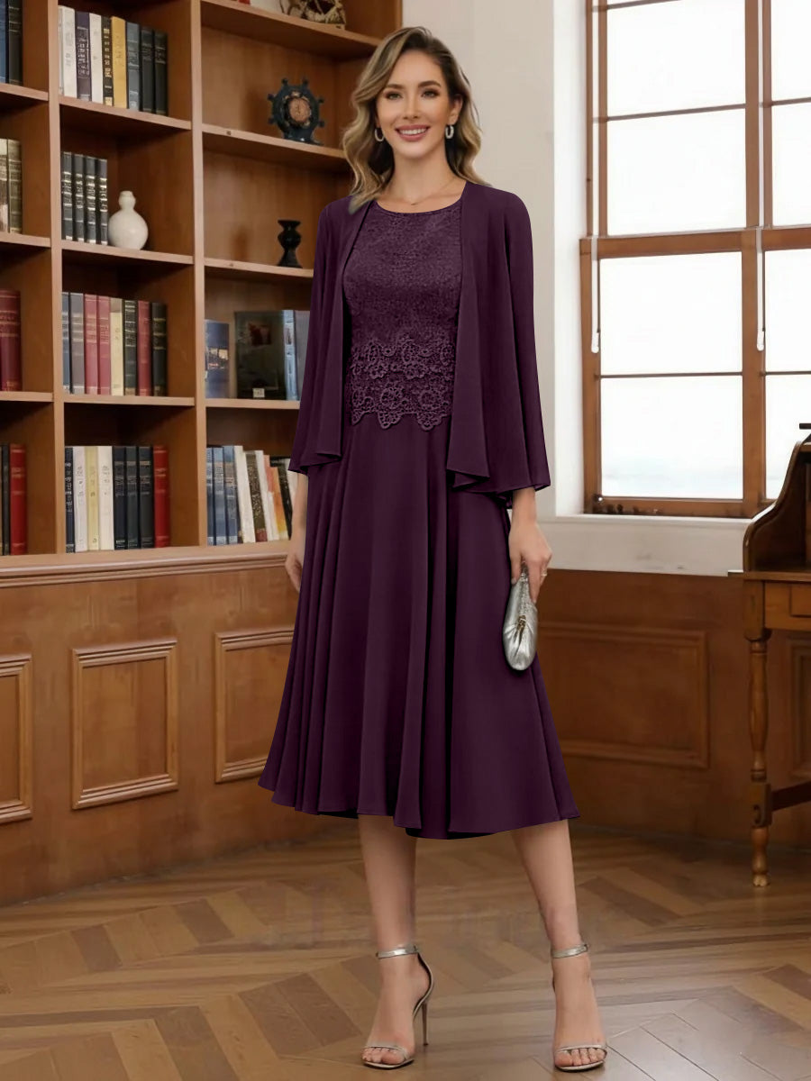 A Line Princess Scoop Chiffon Mother Of The Bride Dresses With Jacket Tea Length Long Sleeves Lace