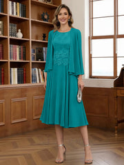 A Line Princess Scoop Chiffon Mother Of The Bride Dresses With Jacket Tea Length Long Sleeves Lace