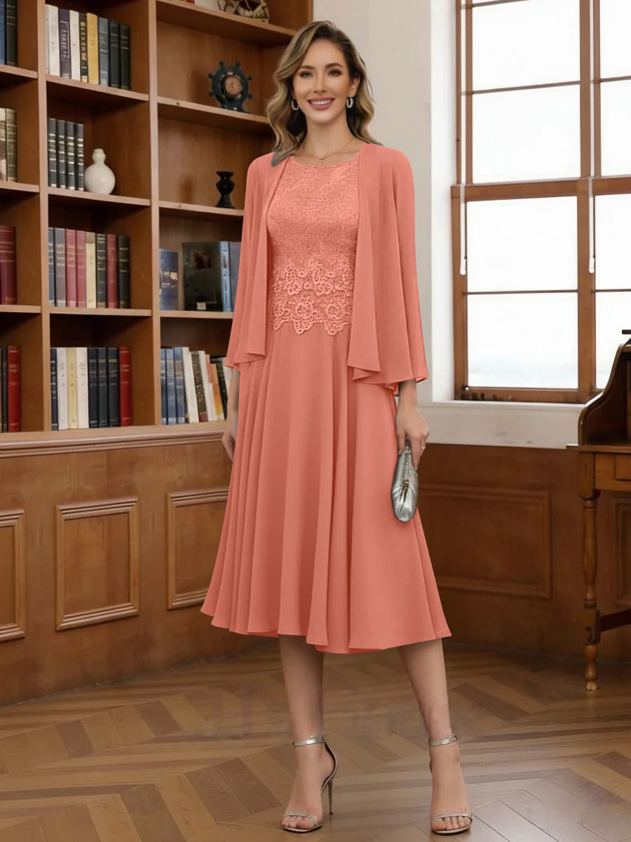 A Line Princess Scoop Chiffon Mother Of The Bride Dresses With Jacket Tea Length Long Sleeves Lace