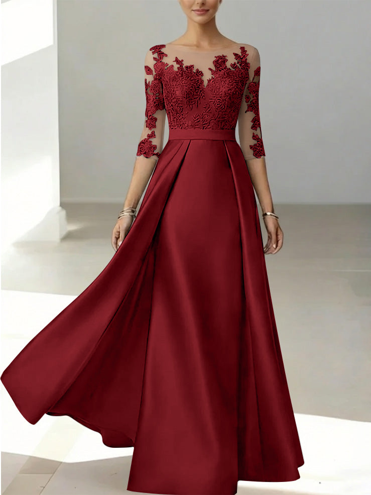 A Line Princess Scoop Satin Mother Of The Bride Dresses 3 4 Sleeves Lace Floor Length Floral