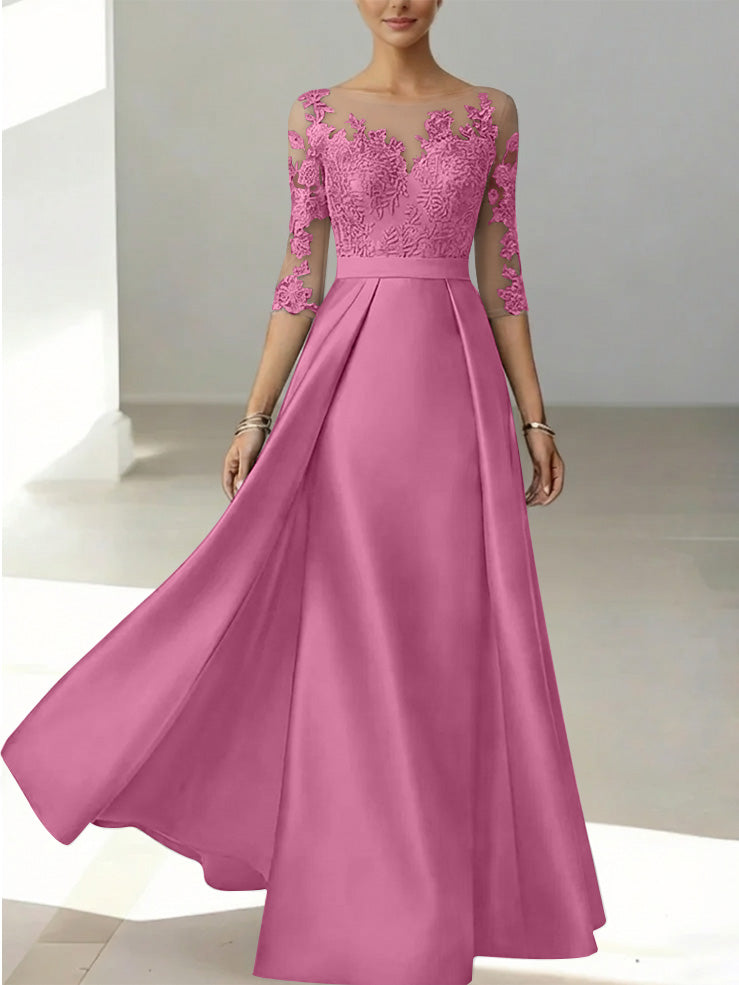A Line Princess Scoop Satin Mother Of The Bride Dresses 3 4 Sleeves Lace Floor Length Floral