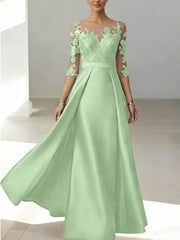 A Line Princess Scoop Satin Mother Of The Bride Dresses 3 4 Sleeves Lace Floor Length Floral
