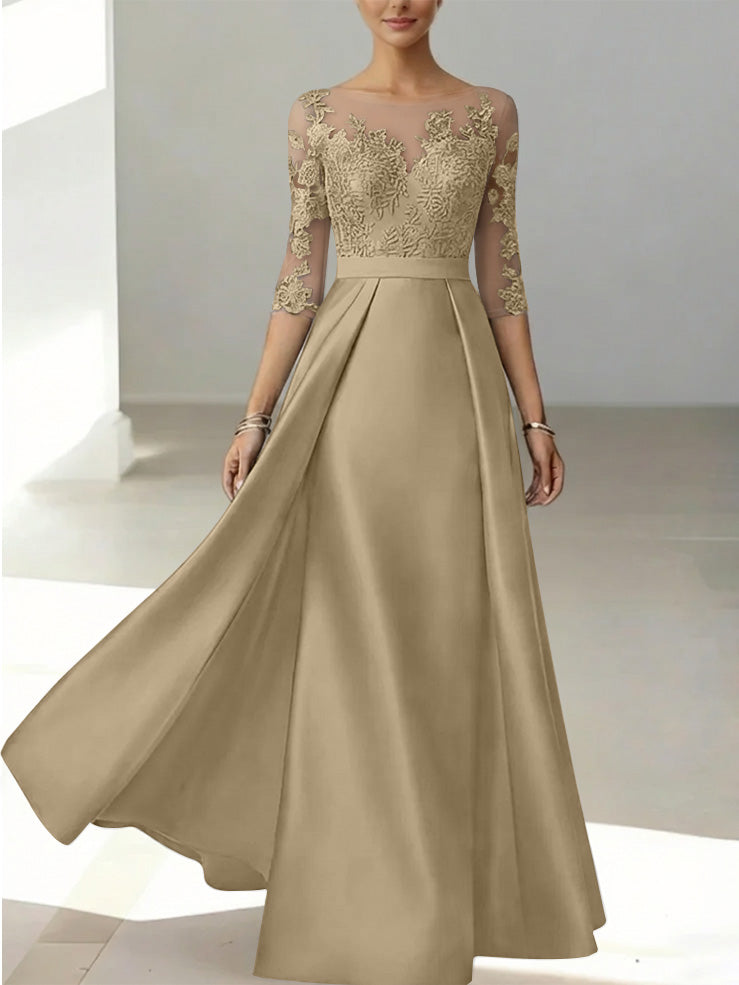 A Line Princess Scoop Satin Mother Of The Bride Dresses 3 4 Sleeves Lace Floor Length Floral