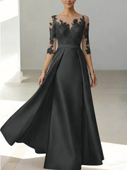 A Line Princess Scoop Satin Mother Of The Bride Dresses 3 4 Sleeves Lace Floor Length Floral